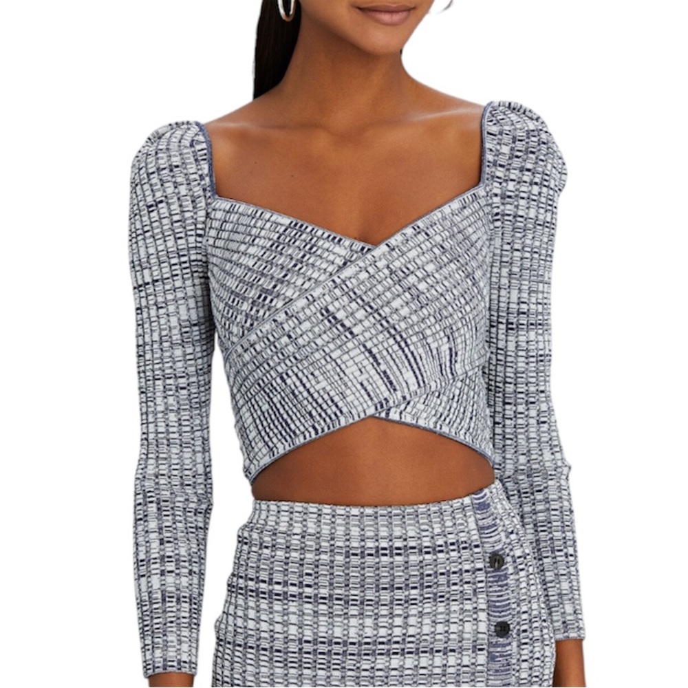 NWOT SELF-PORTRAIT Crossover Ribbed Knit Crop Top Navy/White LG new without tags